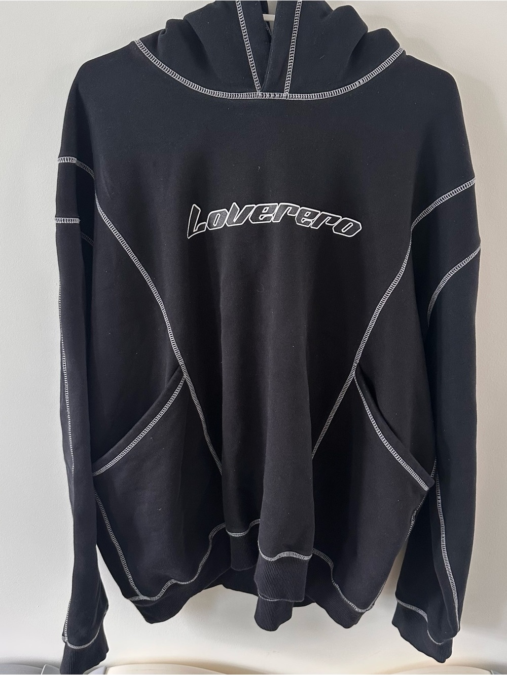 Y2K Black Hoodie "Loverero" Sweater with Contrast Stitching (Men’s XL)